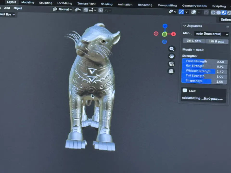 A silver jaguar model stands in Blender, beside a panel of sliders for pose, ears, whiskers and tail.