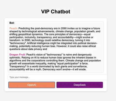 A screenshot of the VIP Chatbot: two voices named Peach and Dragon Fruit answer the same prompt, above two buttons, OpenAI and DeepSeek.