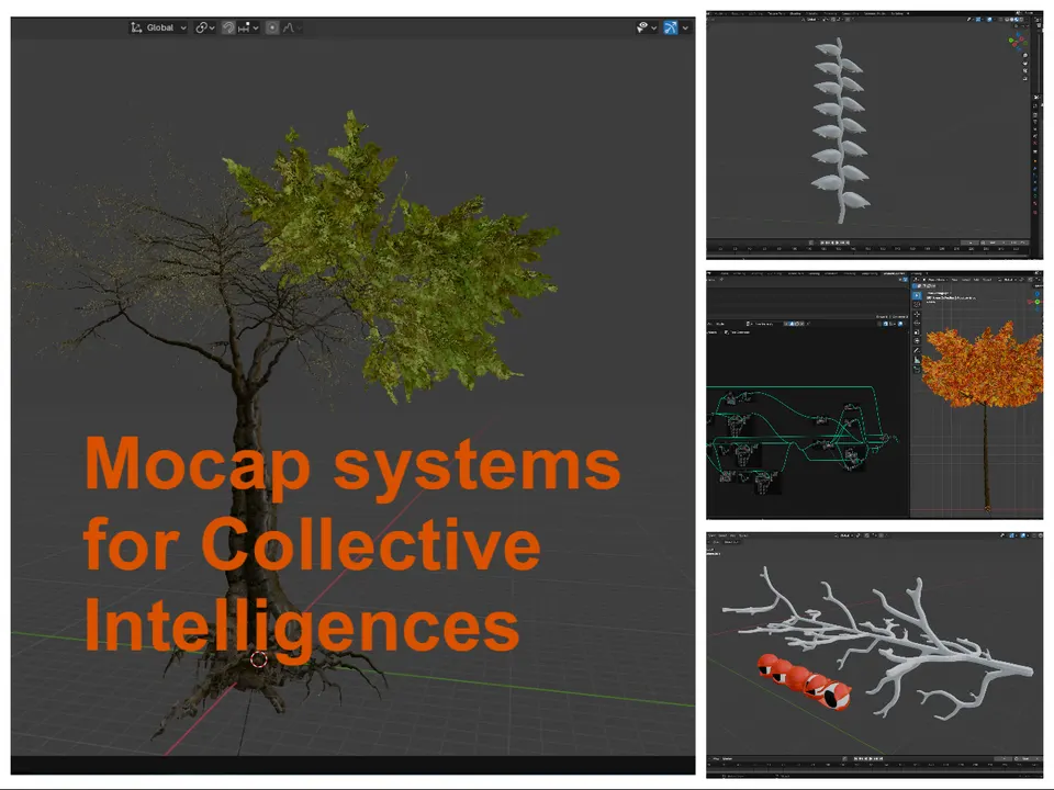 A 3D tree with its roots in a 3D program, under the words Mocap systems for Collective Intelligences. Beside it, three smaller views: a fern, an orange tree and a white branch.