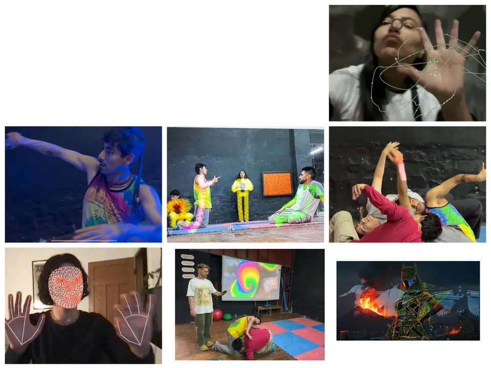 Seven pictures: a hand and a face covered in tracking lines, dancers in bright clothes, and a figure drawn in lines in front of a fire.