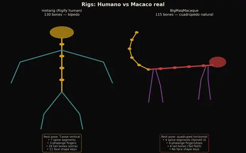 Diagram of two rigs side by side: a human skeleton with 130 bones, standing, and a macaque skeleton with 115 bones, on four legs.