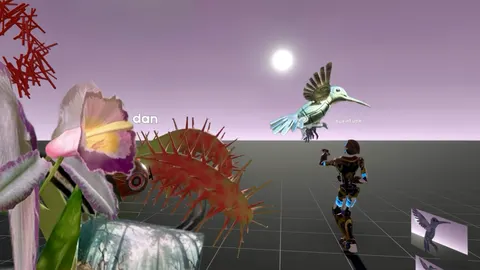 Un mundo virtual bajo un cielo rosado: una orquídea, una drosera roja, un colibrí robótico y un avatar humanoide.