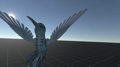 Un colibrí robótico gris con las alas abiertas está parado sobre un piso cuadriculado, en una escena 3D.