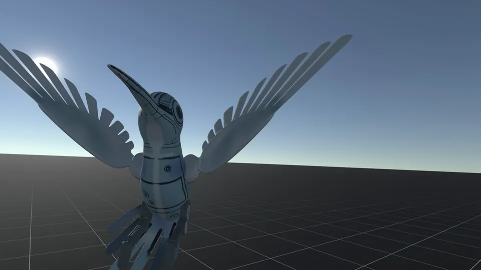 Un colibrí robótico gris con las alas abiertas está parado sobre un piso cuadriculado, en una escena 3D.