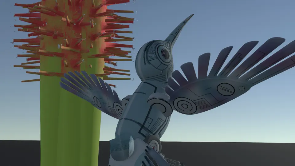 Un colibrí robótico gris delante de una planta alta cubierta de púas rojas, en una escena 3D.