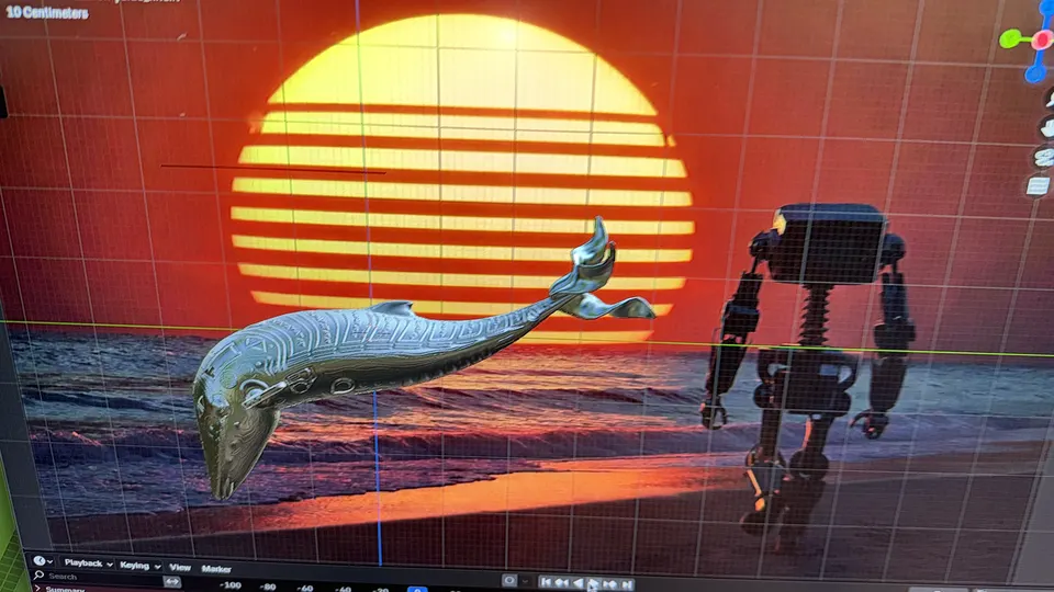 Una ballena robótica plateada y un robot ante un sol naranja a rayas, en un programa 3D.