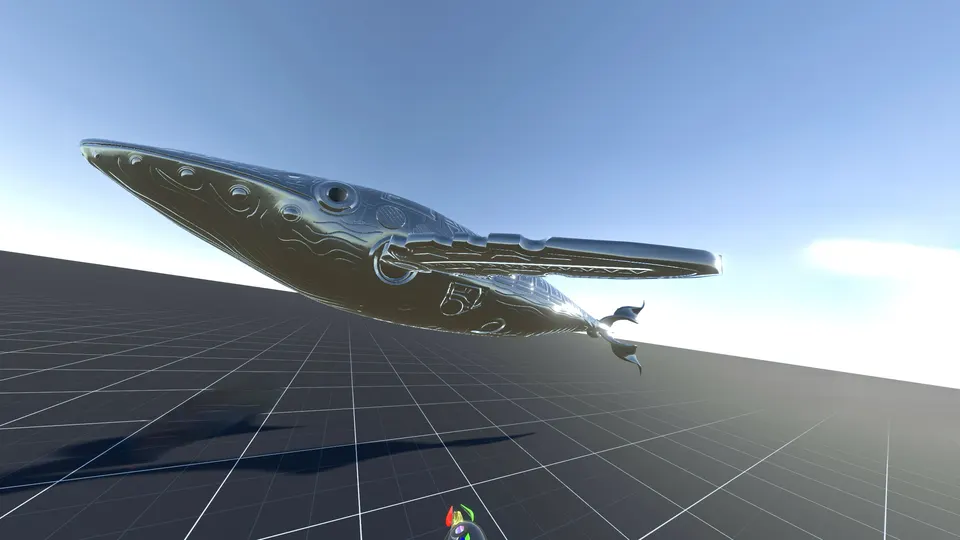 A silver robotic whale floats over a grid floor, under a blue sky, in a 3D scene.